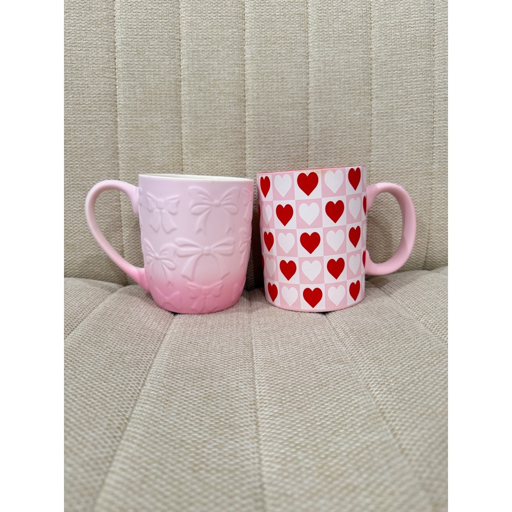 Petal & Pearl Sunday Morning Ceramics Mugs Embossed Bow Heart Pink Red